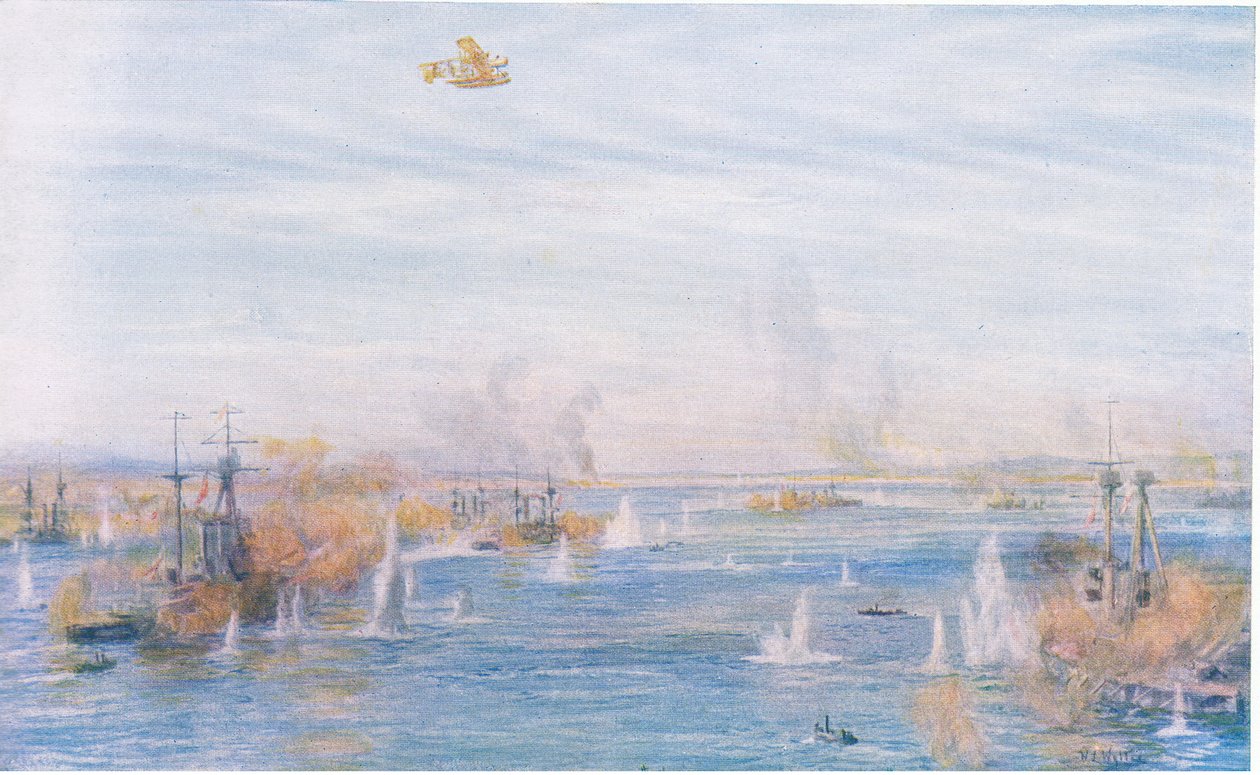 Bombardierung der Engstellen, 18. März 1915, aus Cassells Geschichte des britischen Volkes veröffentlicht von der Waverley Book Company Limited, ca. 1940 von William Lionel Wyllie