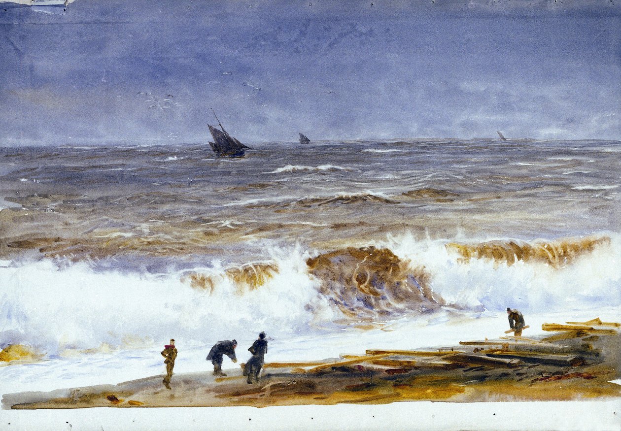 Der Strand von Berck-sur-Mer (Frankreich), mit stürmischer See und Figuren am Strand. Aquarell, nach 1890, von William Lionel Wyllie (1851-1931). von William Lionel Wyllie