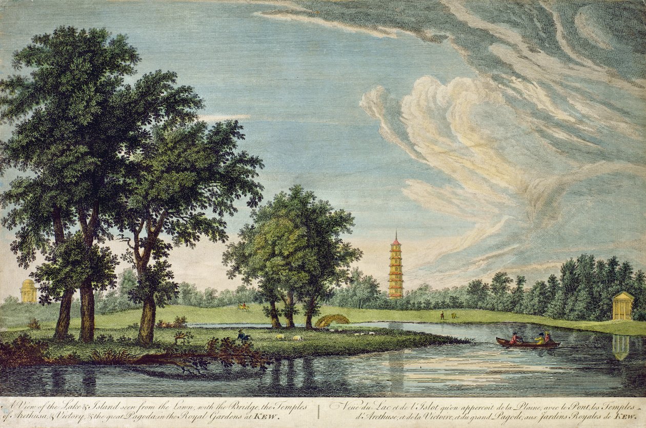 Kew, Blick auf den See und die Insel vom Rasen aus, mit der Brücke, den Tempeln von Arethusa und Victory und der Großen Pagode in den Königlichen Gärten von Kew von William Marlow