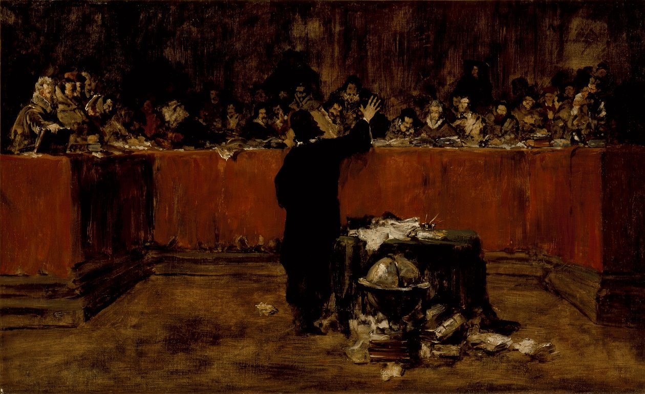 Skizze für ein Bild--Kolumbus vor dem Rat von Salamanca (B) (Christoph Kolumbus vor dem spanischen Rat) von William Merritt Chase