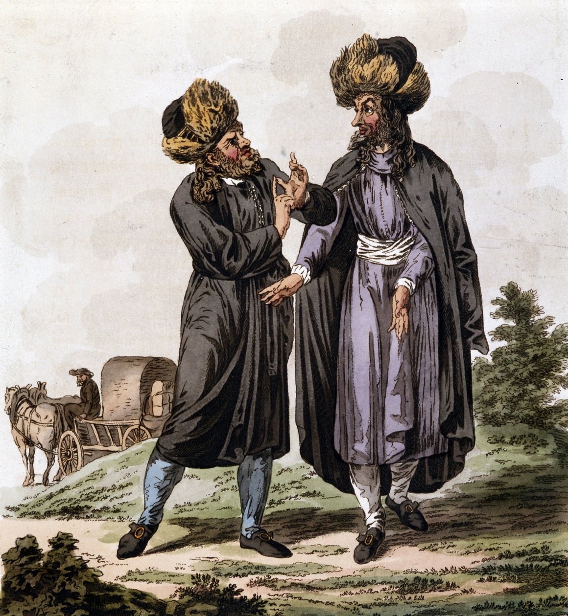 Polnische Juden, Gravur aus dem Buch „The Costume of the Hereditary States of the House of Austria“ von Antoine François Bertrand de Molleville, illustriert von William Miller (1796-1882) im Jahr 1804 von William Miller