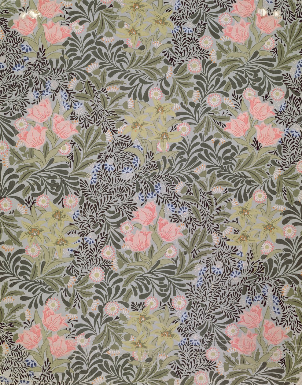 Tapetendesign mit Tulpen, Gänseblümchen und Geißblatt von William Morris