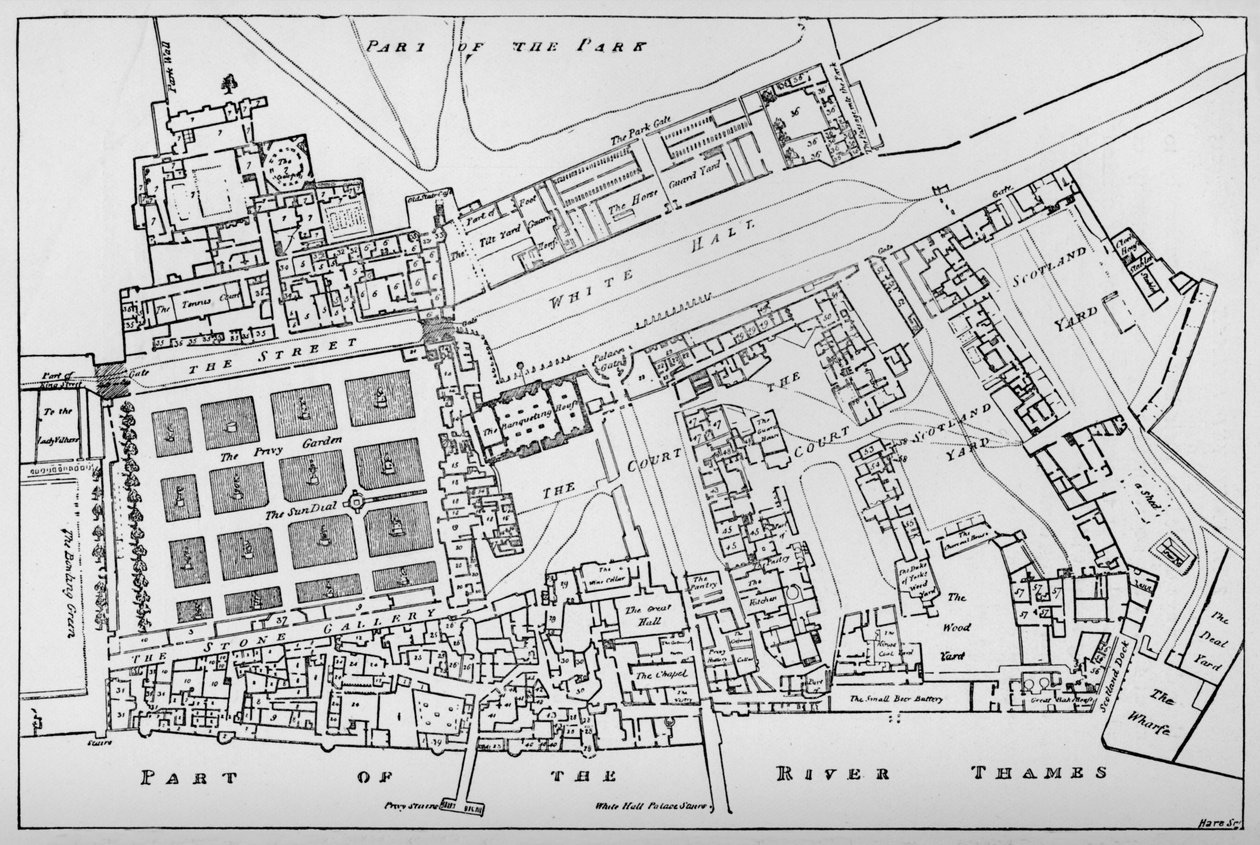 Eine reduzierte Kopie von Fishers Grundriss des Königspalastes von Whitehall, aufgenommen in der Regierungszeit von Karl I. von William Patten
