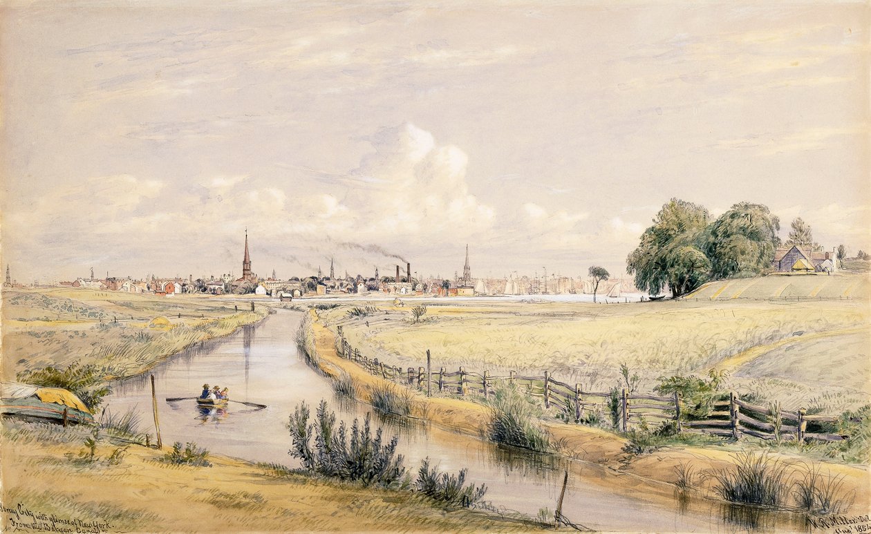 Jersey City mit einem Blick auf New York vom Bergen-Kanal, 1854 von William Rickarby Miller