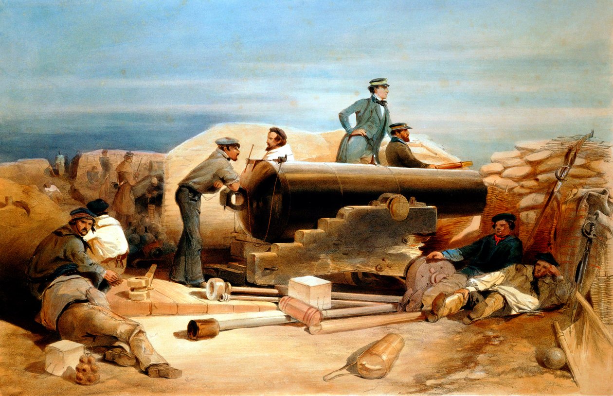 Ein ruhiger Tag in der Diamant-Batterie - Porträt eines Lancaster 68-Pfünders, Krimkrieg 1855-1856 von William Simpson