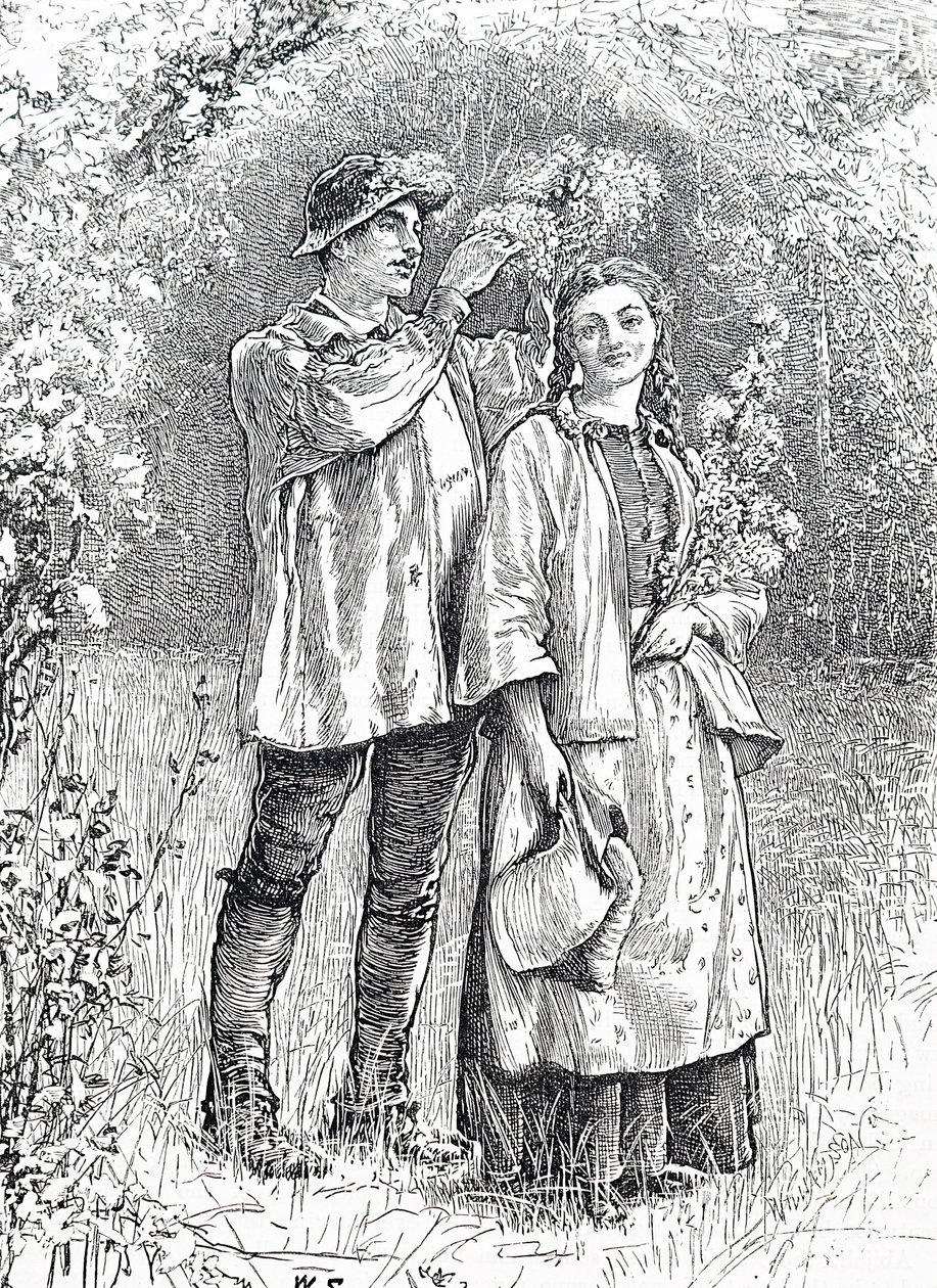 Die Krönung der Maikönigin mit einem Weißdornkranz durch ihren Liebsten. Von William Small (1843-1929), einem englischen Illustrator von William Small