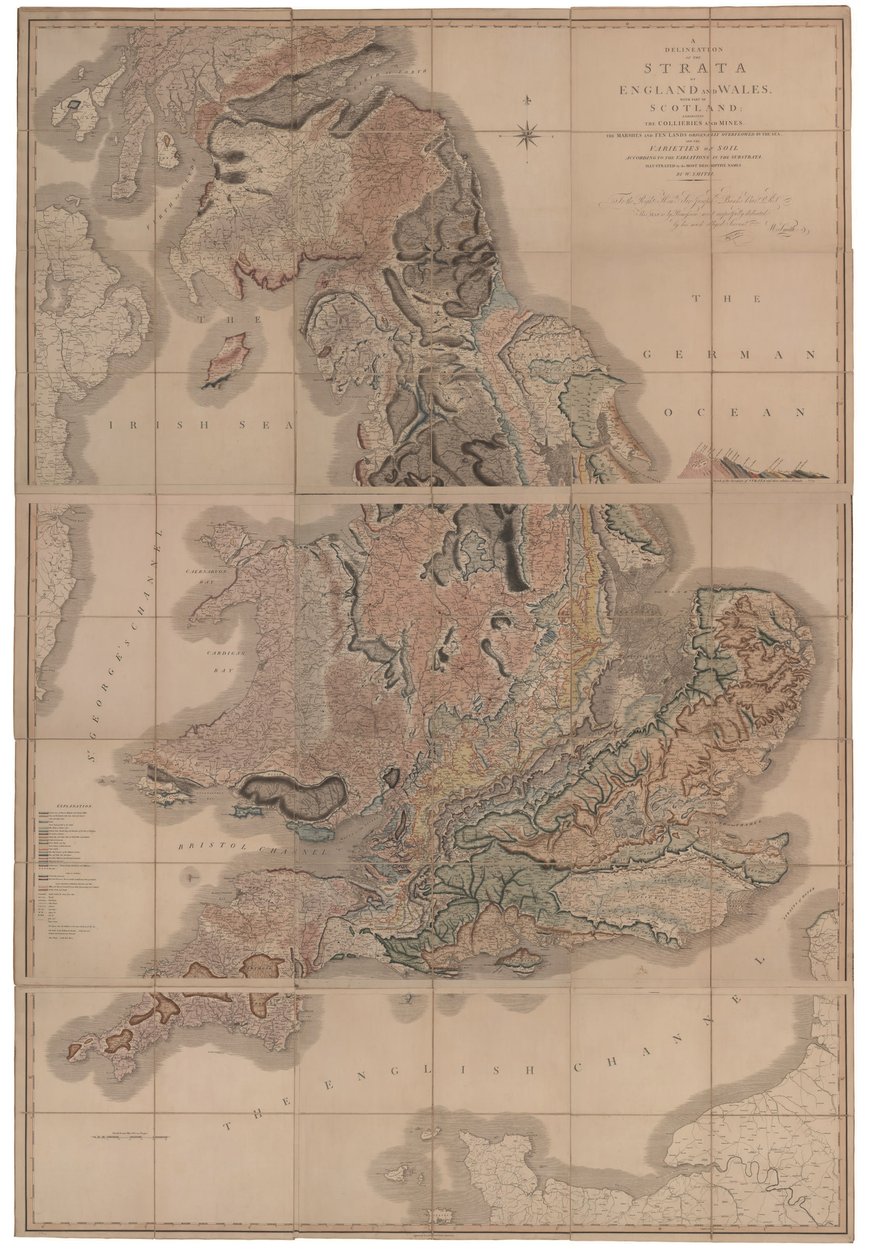 Darstellung der Schichten von England und Wales mit einem Teil von Schottland Die erste geologische Karte von William Smith