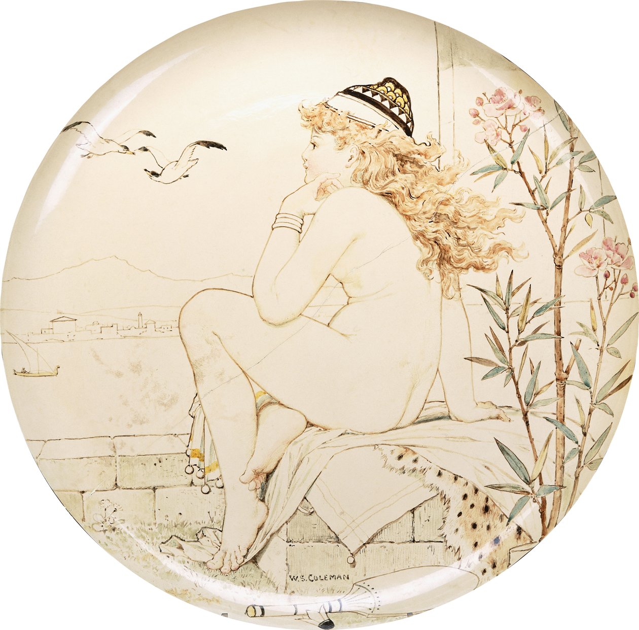 Ein Minton Art Pottery Studio Teller, bemalt mit einem Akt, der aufs Meer blickt, 19. Jahrhundert von William Stephen Coleman