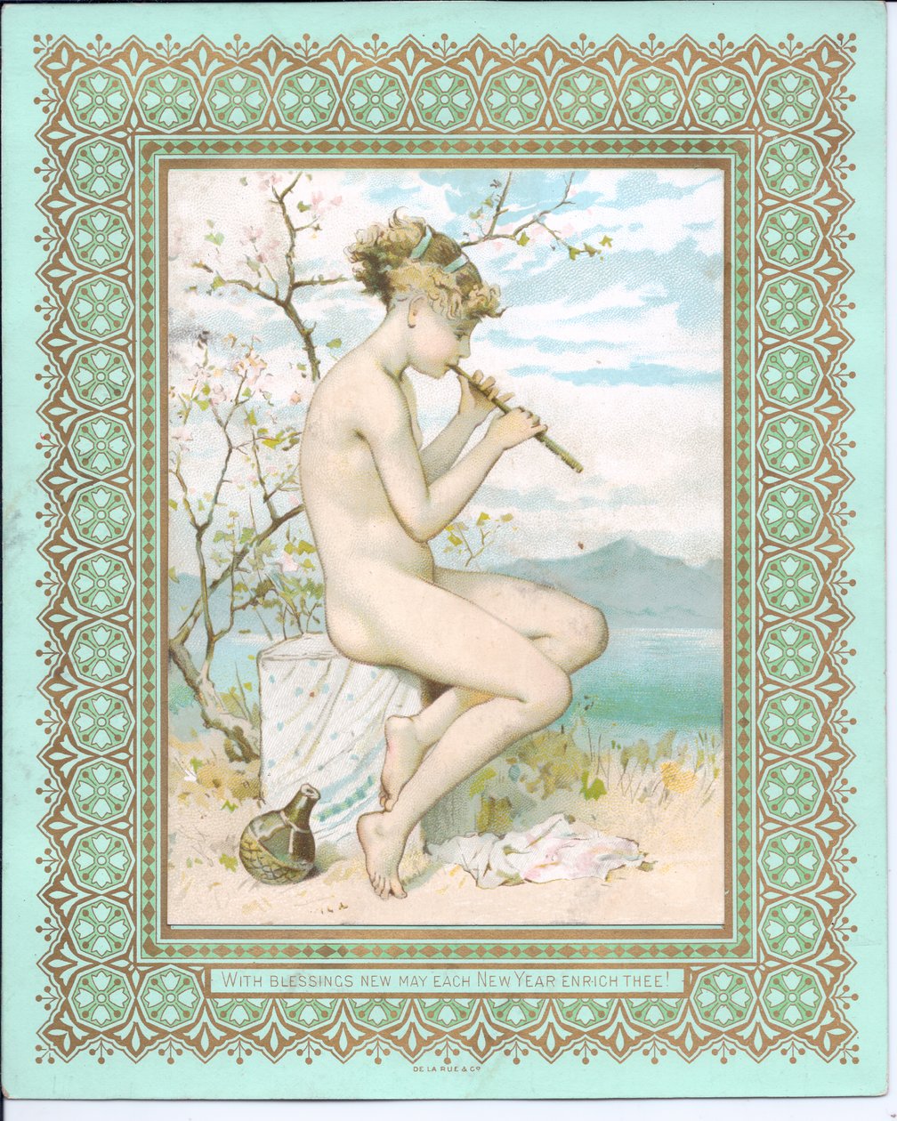 Viktorianische Neujahrskarte von einer badenden Schönheit am Strand, die eine Flöte spielt, ca. 1881 von William Stephen Coleman