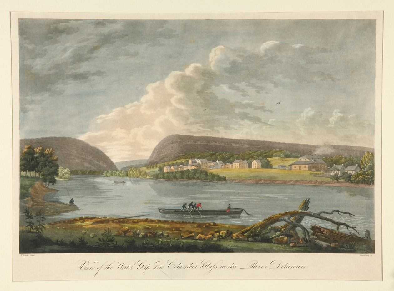 Ansicht des Water Gap und der Columbia Glass Workshop von William Strickland