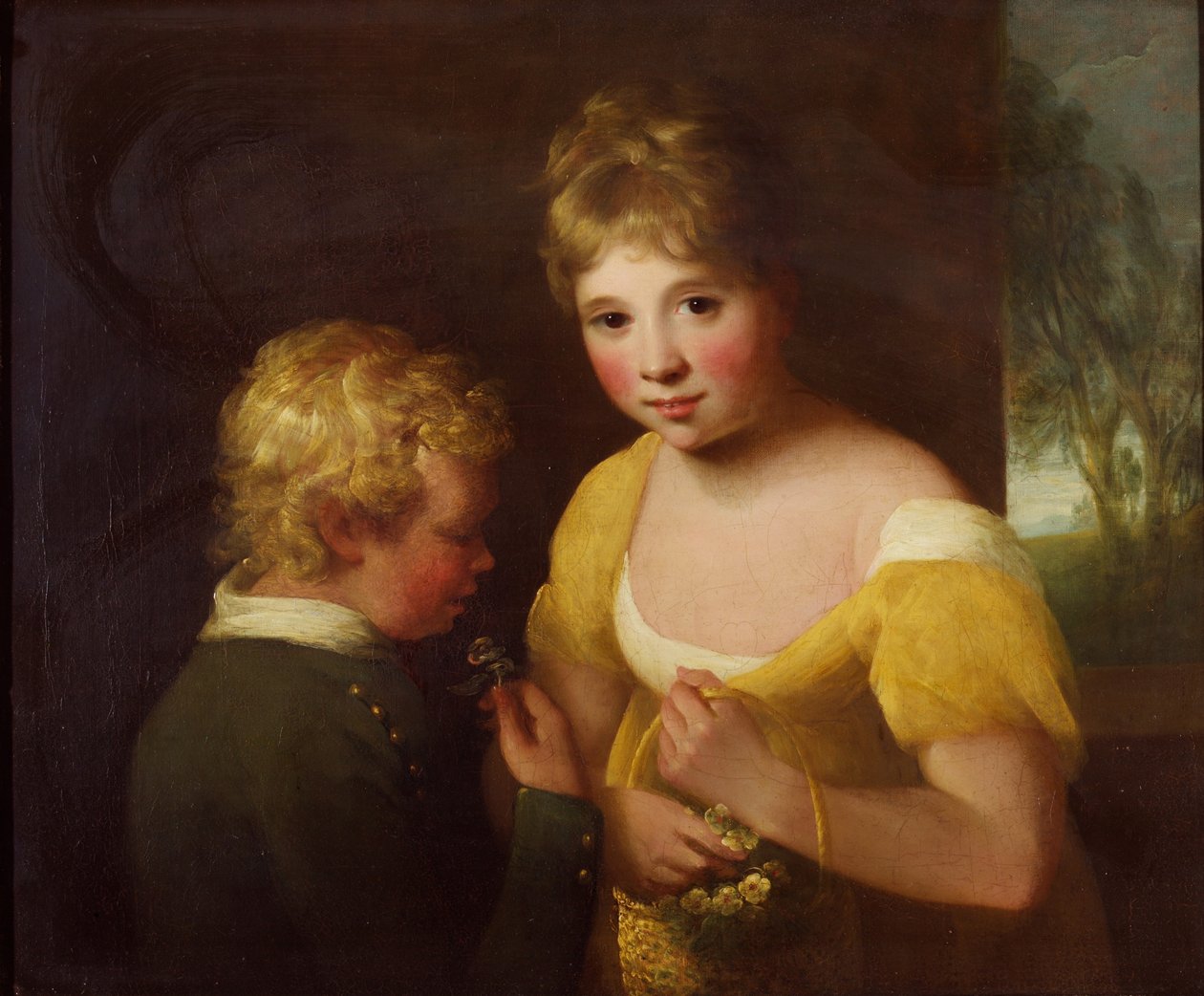 Zwei Kinder mit einem Korb voller Blumen von William Tate
