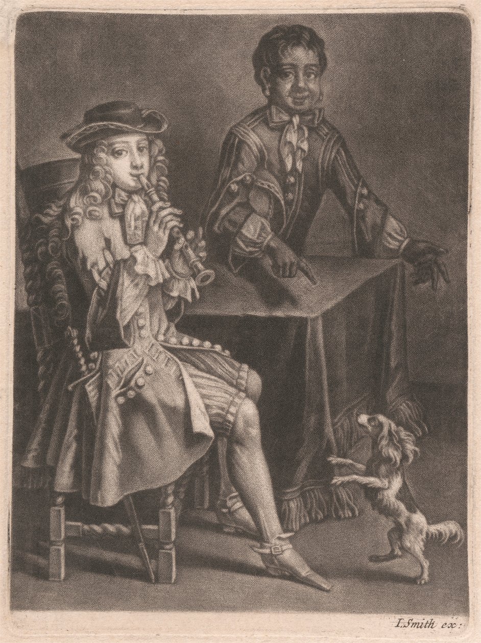 Zwei junge Männer, einer spielt eine Flöte, der andere zeigt auf einen tanzenden Hund von William Vincent