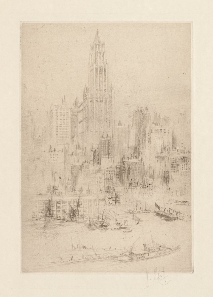 Downtown Manhattan vom East River, mit dem Woolworth Building von William Walcot