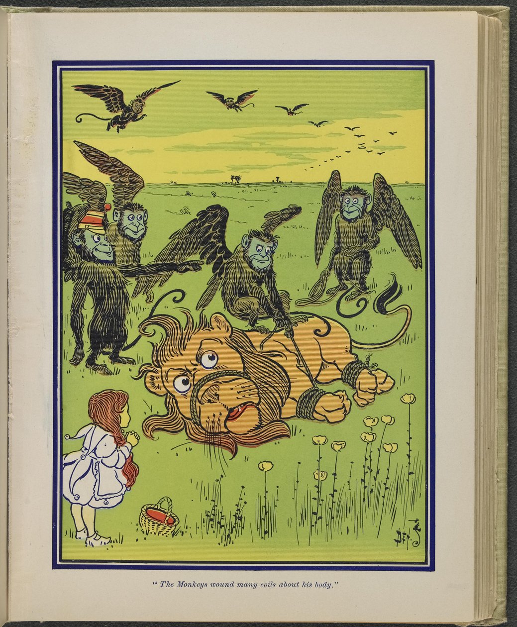 Die Affen wickelten viele Schlingen um seinen Körper, Illustration aus "Der wunderbare Zauberer von Oz" von Lyman Frank Baum von William Wallace Denslow