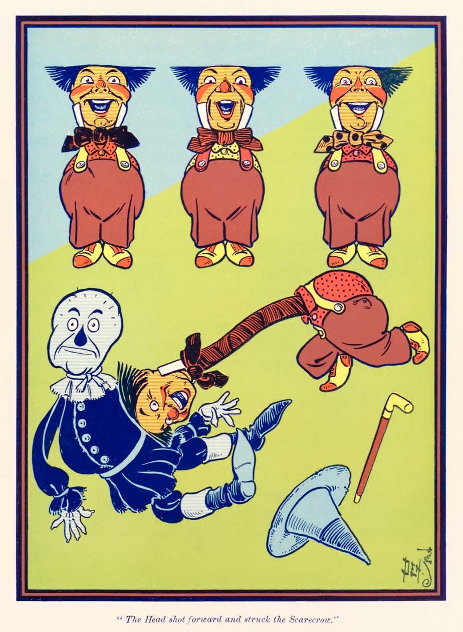 „Der Kopf schoss vor und traf die Vogelscheuche.“ aus „Der wunderbare Zauberer von Oz“ von L. Frank Baum von William Wallace Denslow