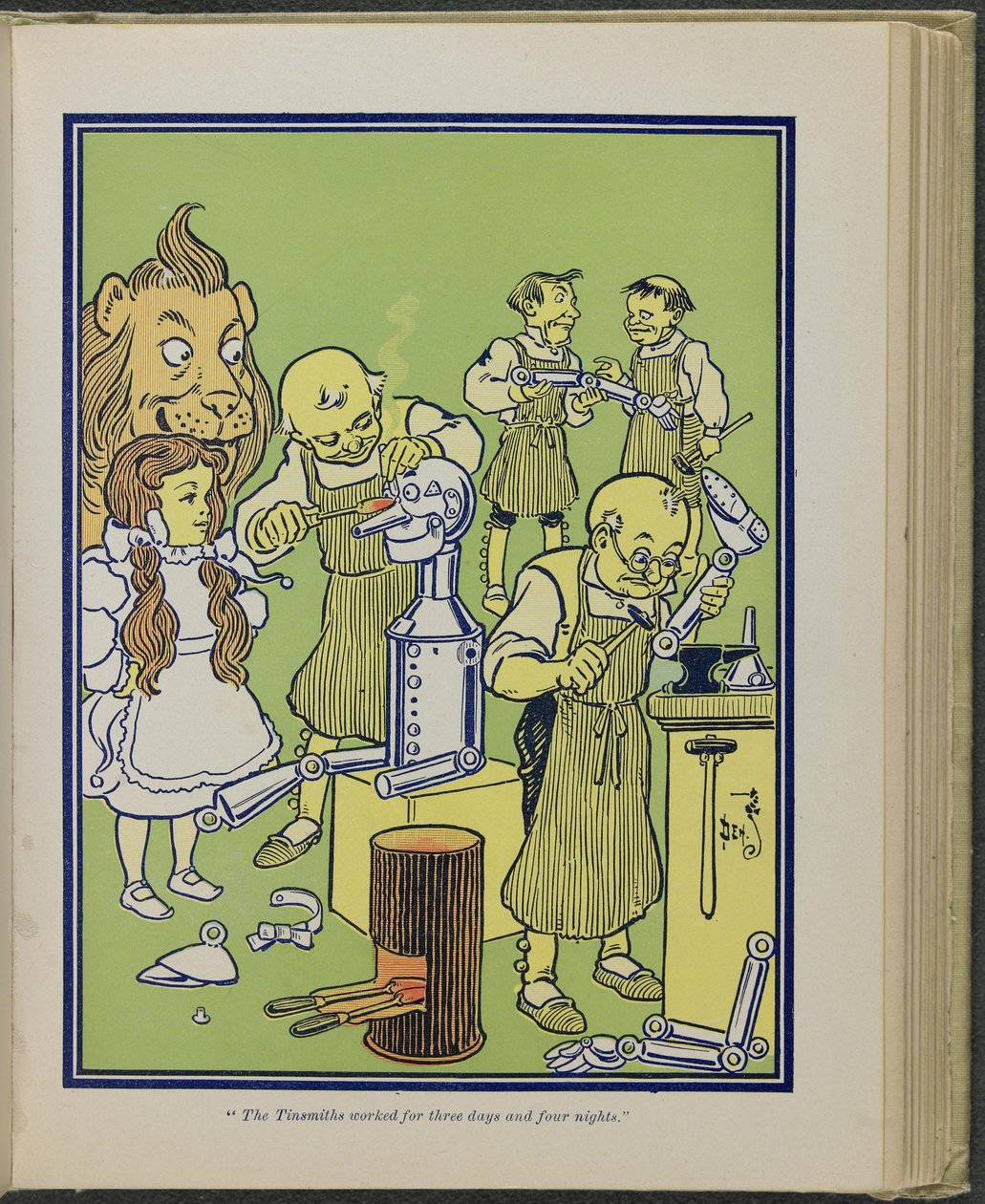 "Der Blechschmied arbeitete drei Tage und vier Nächte", Illustration aus "Der wunderbare Zauberer von Oz" von Lyman Frank Baum von William Wallace Denslow