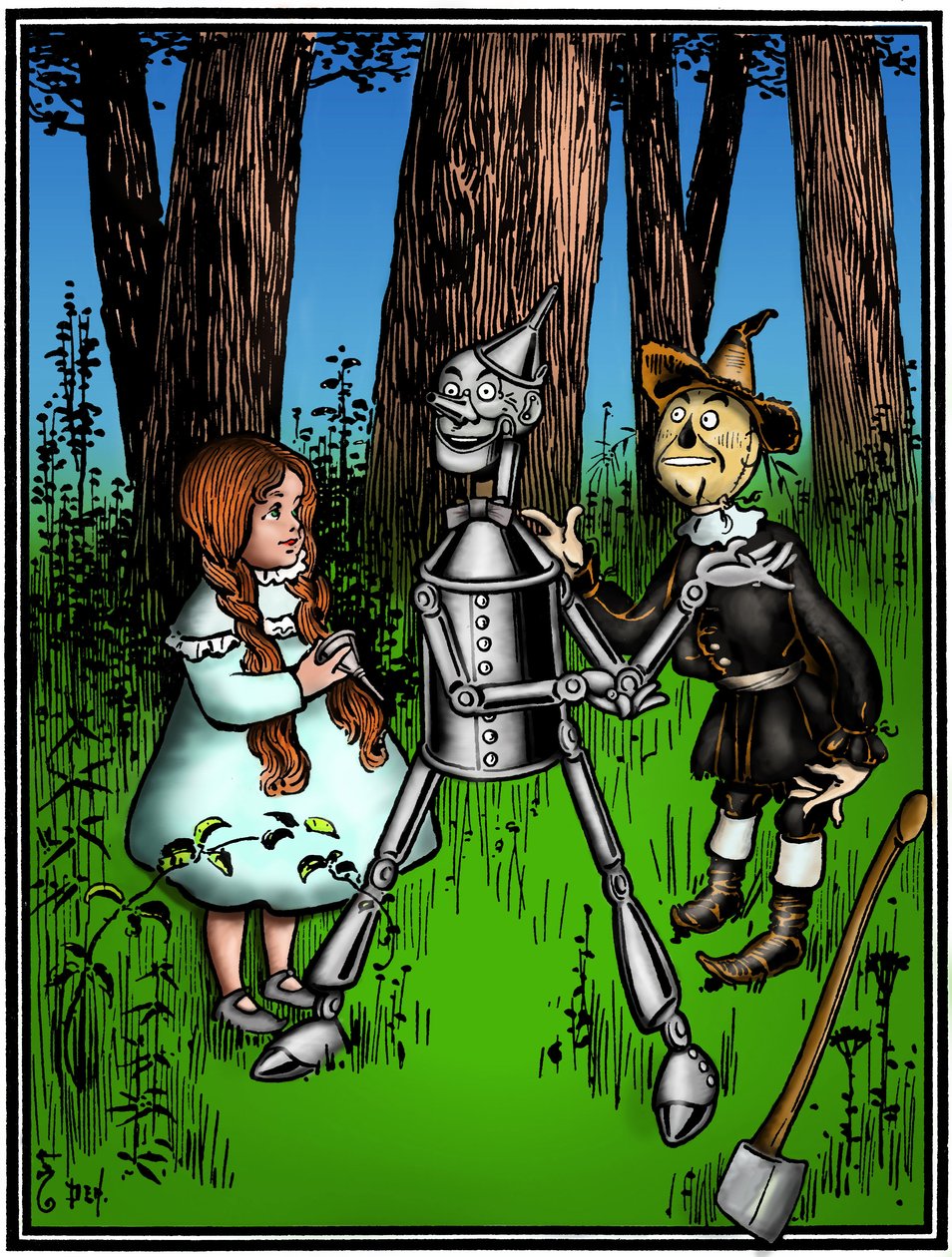 Der Zauberer von Oz - Zeichnung von Denslow, William Wallace für die erste Ausgabe 1900 von Frank Baums Buch - Dorothee, unterstützt von der Vogelscheuche, half dem Blechholzmann von William Wallace Denslow