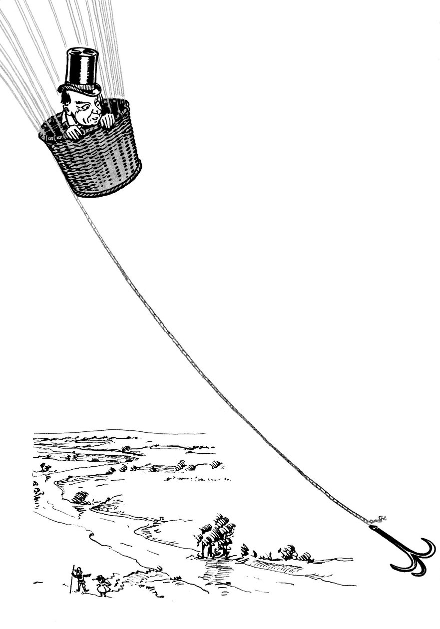 Der Zauberer von Oz - Zeichnung von Denslow, William Wallace (1856-1915) für die Erstausgabe 1900 von Frank Baums Buch (1856-1919) - Der Zauberer fliegt im Korb eines Ballons von William Wallace Denslow