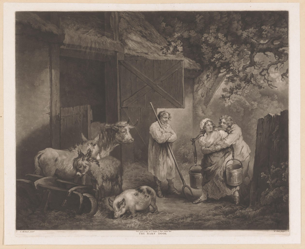 Melkmaid und zwei Bauernknechte bei einem Stall von William Ward