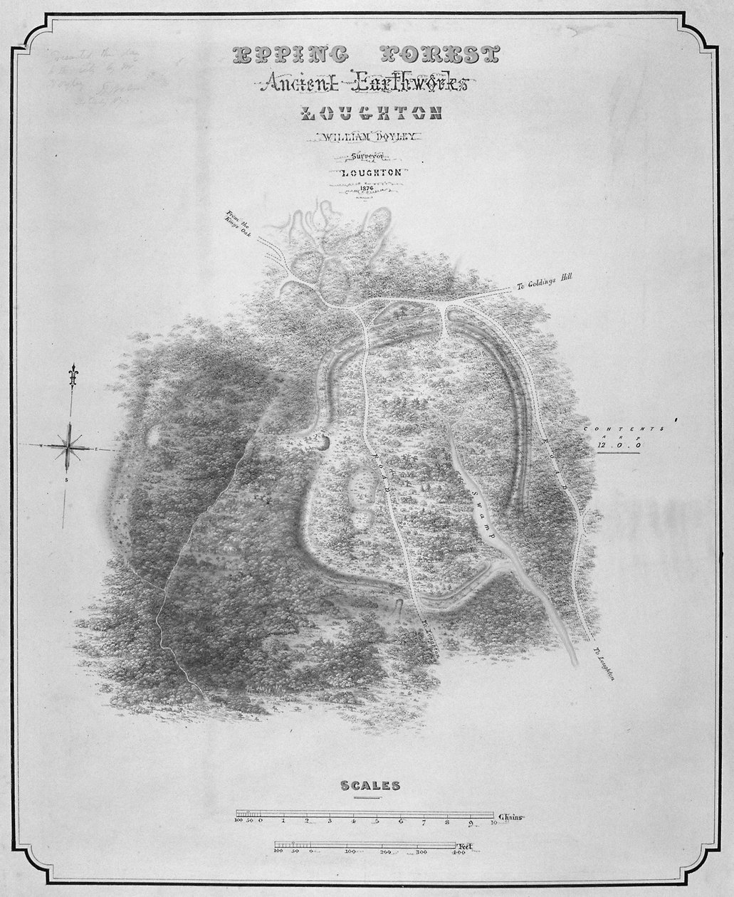 Karte der alten Erdwerke bei Loughton Camp um 52 n. Chr. im Epping Forest, Essex, 1876 von William d