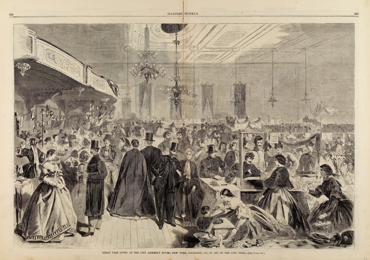 Große Messe in den City Assembly Rooms, New York, Dezember 1861, zugunsten der Stadtarmen, aus Harper