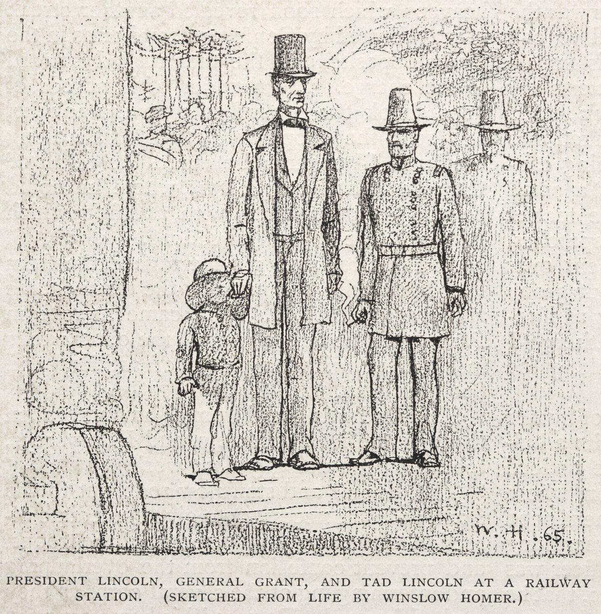 Präsident Lincoln, General Grant und Tad Lincoln an einem Bahnhof, 1887 von Winslow Homer