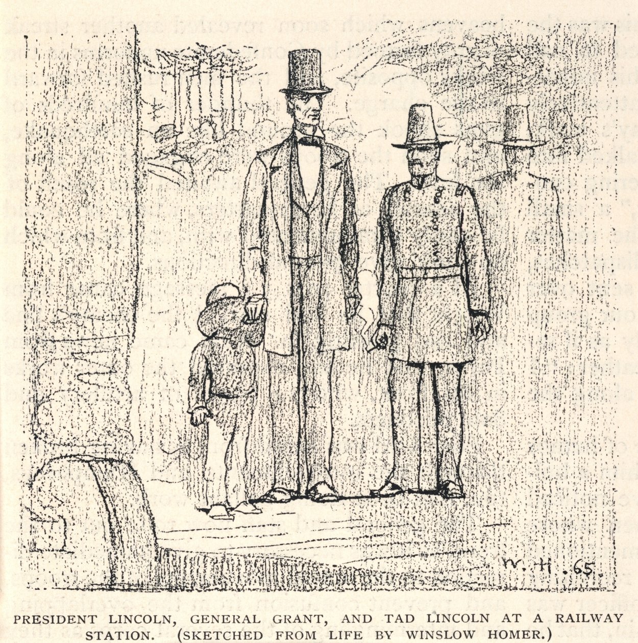 Präsident Lincoln, General Grant und Tad Lincoln an einem Bahnhof, aus The Century Magazine, November 1887 von Winslow Homer