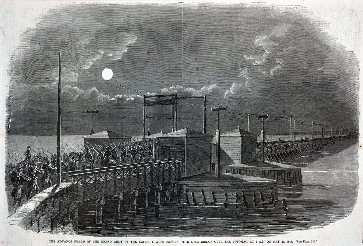 Die Vorhut der großen Armee der Vereinigten Staaten überquert die Lange Brücke über den Potomac um 2 Uhr morgens am 24. Mai 1861, aus Harper