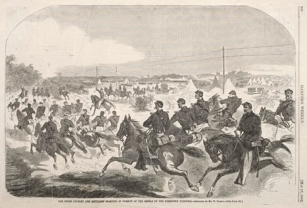 Die Union Kavallerie und Artillerie startet die Verfolgung der Rebellen auf dem Yorktown Turnpike von Winslow Homer