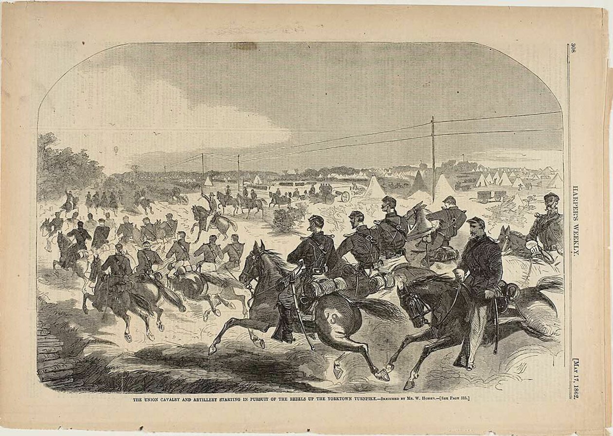 Die Union Kavallerie und Artillerie starten die Verfolgung der Rebellen auf dem Yorktown Turnpike von Winslow Homer