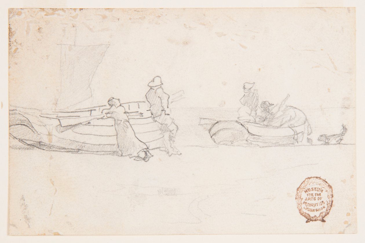 Zwei Boote am Strand mit Figuren, Cullercoats, England von Winslow Homer