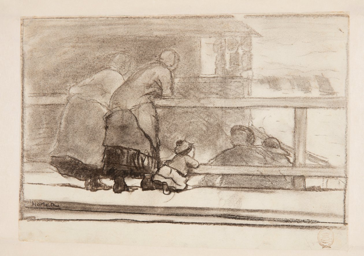 Zwei Frauen und ein Kind an einem Geländer, mit Blick auf den Strand von Tynemouth von Winslow Homer