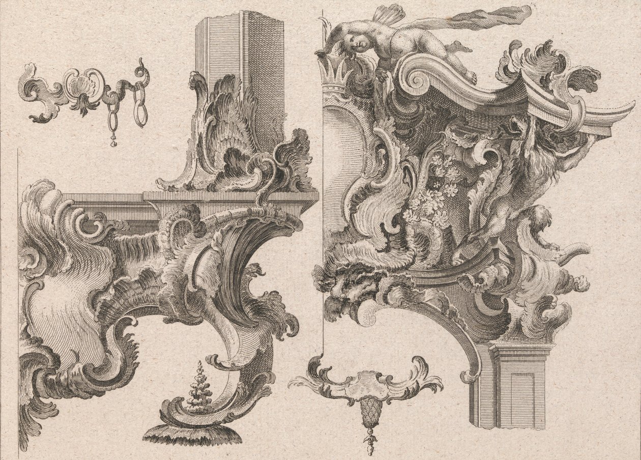 Vorschlag zur Dekoration des unteren rechten und oberen rechten Teils eines Altars, gedruckt ca. 1750-56 von Wolffgang Christoph Mayr