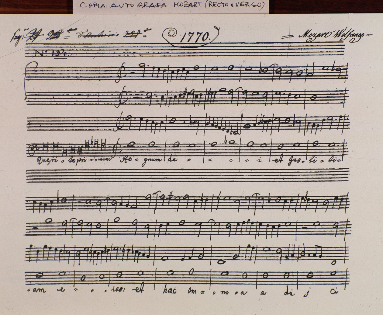 Notenseite für Querite primum regnum Dei von Mozart, um den Titel der Accademia filarmonico zu erhalten, Version korrigiert von Vater Martini (1770) von Wolfgang Amadeus Mozart