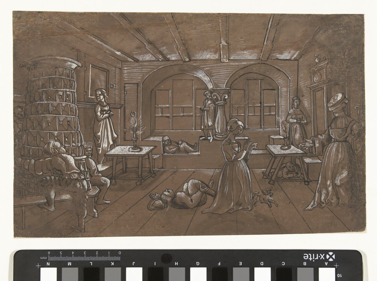 Interieur, in dem acht Kinder Blindekuh spielen von Wolfgang Huber (school of)