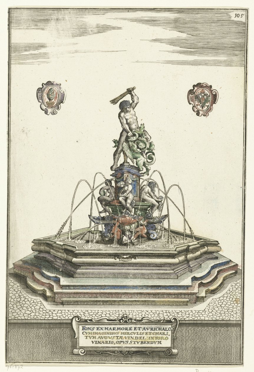 Sechseckiges Becken auf Erhöhung mit Treppen (Architectura Curiosa Nova) von Wolfgang Kilian