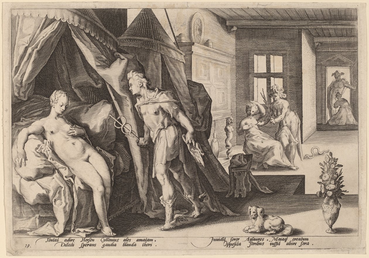 Merkur betritt das Zimmer von Herse, nachdem er Agraulos in Stein verwandelt hat von Workshop of Hendrick Goltizus, after Hendrick Goltzius