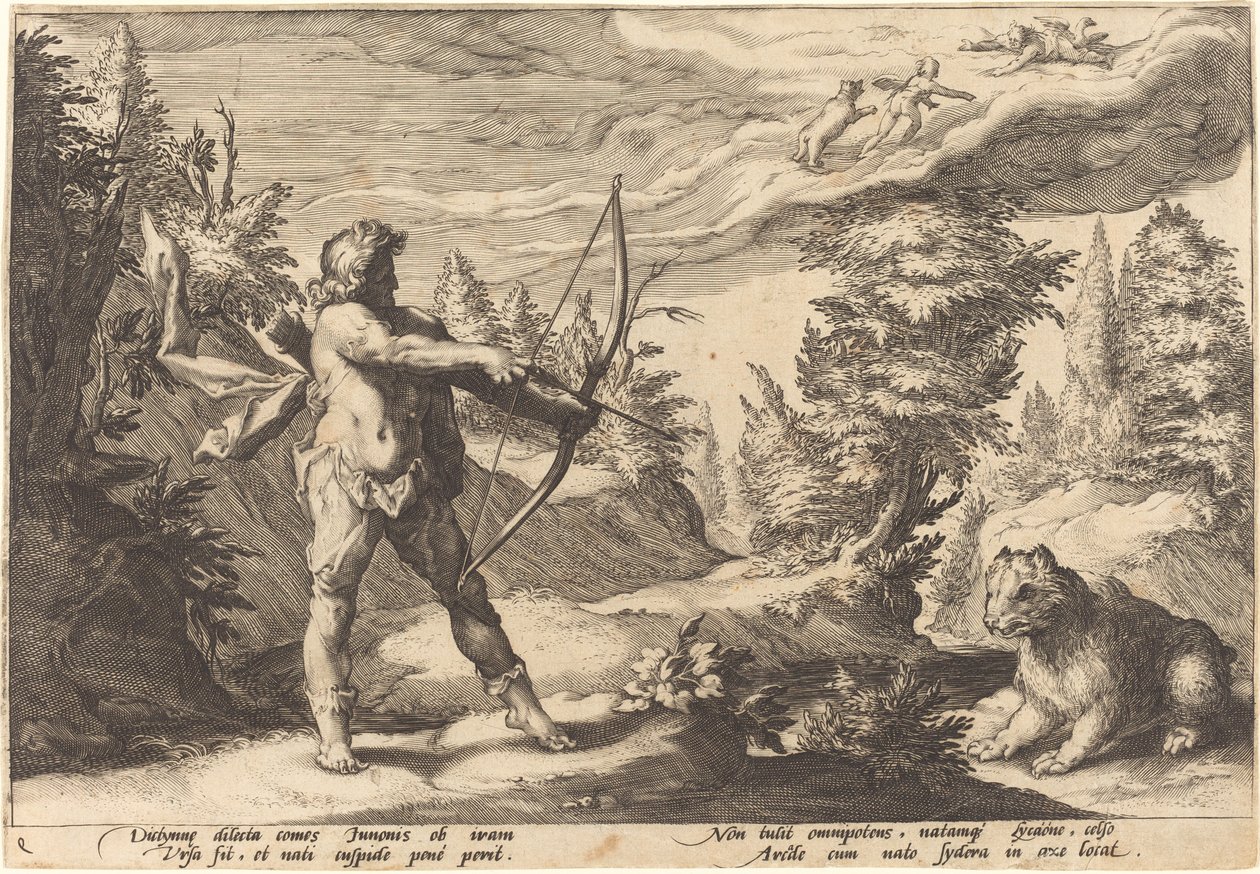 Arcas bereitet sich darauf vor, seine Mutter zu töten von Workshop of Hendrick Goltzius, after Hendrick Goltzius