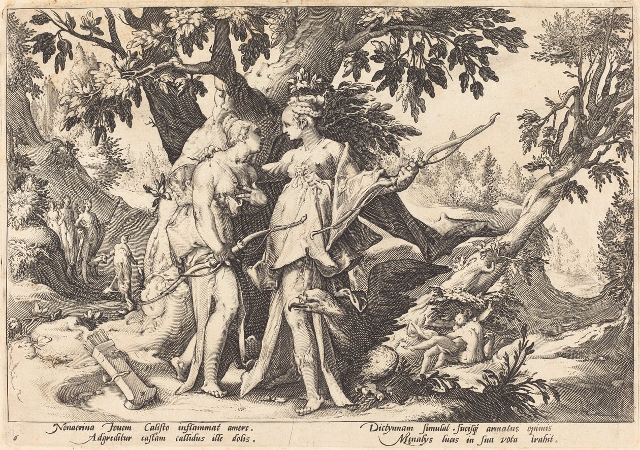 Jupiter in der Verkleidung von Diana verführt Callisto von Workshop of Hendrick Goltzius, after Hendrick Goltzius