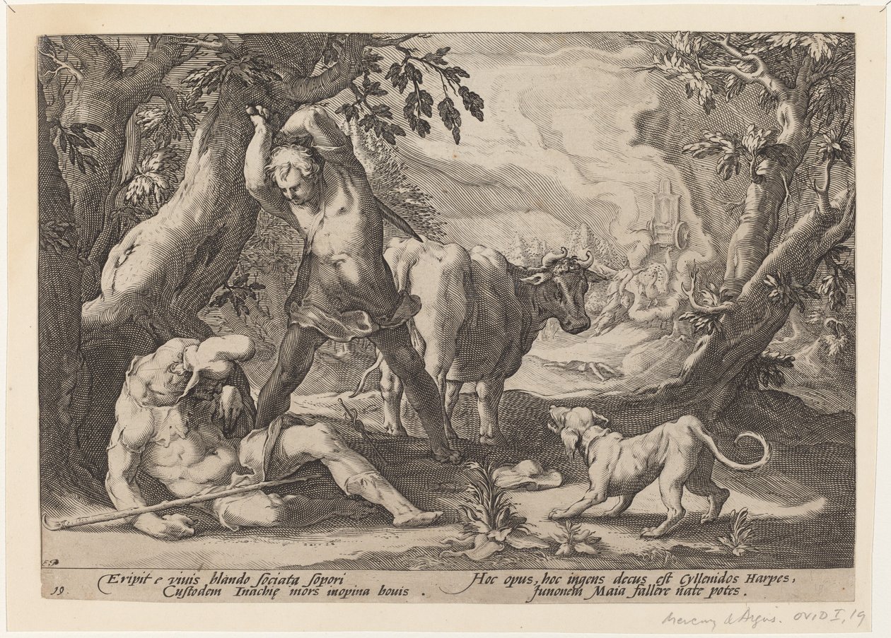 Landschaft mit Merkur, der sein Schwert hebt, um einen schlafenden Argus zu töten von Workshop of Hendrick Goltzius, after Hendrick Goltzius
