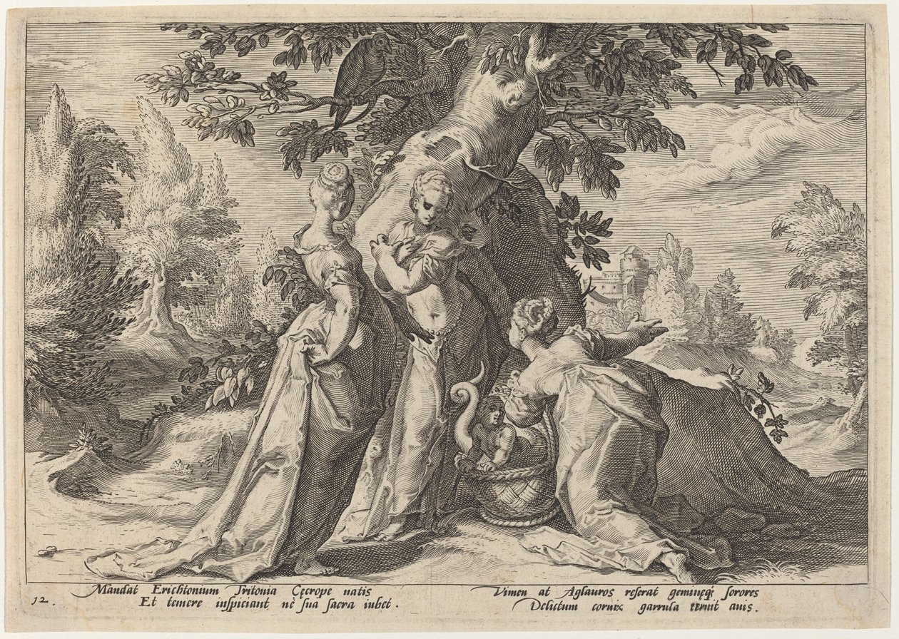 Die Töchter des Kekrops öffnen die ihnen von Minerva anvertraute Kiste von Workshop of Hendrick Goltzius, after Hendrick Goltzius