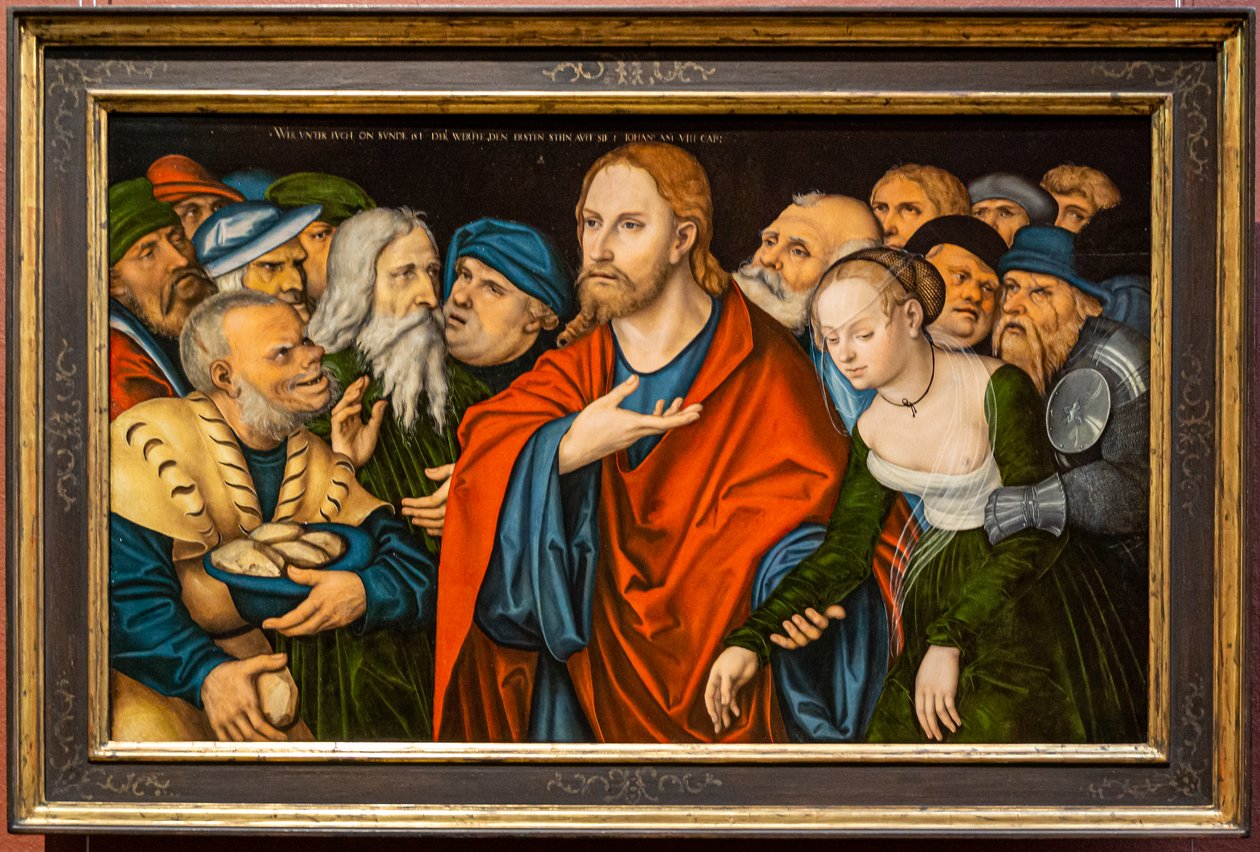 Christus und die Ehebrecherin von workshop of Lucas Cranach the Elder