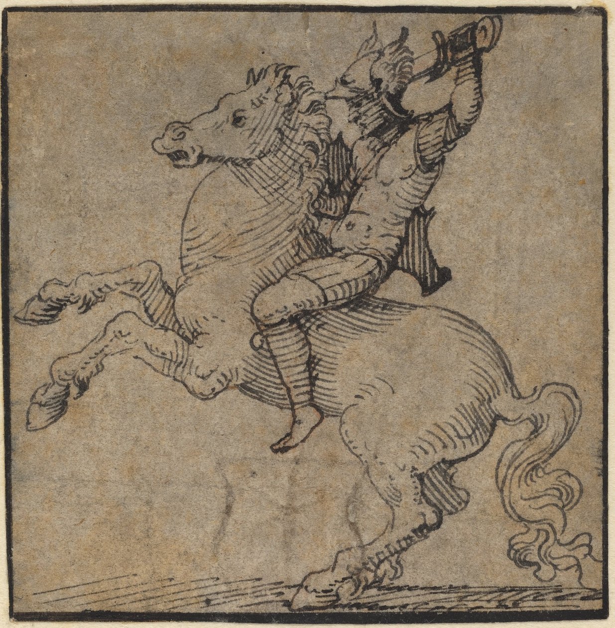Krieger in Renaissance-Rüstung auf einem steigenden Pferd von Workshop of Peter Vischer the Younger