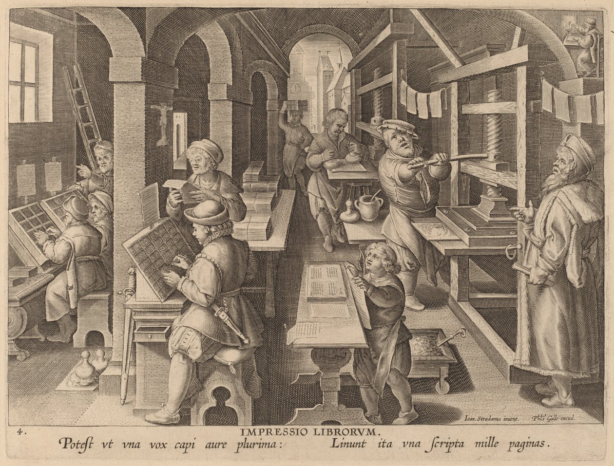 Impressio Liborum (Bücher drucken) von Workshop of Philip Galle after Jan van der Straet
