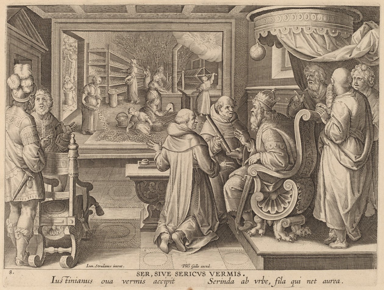Seide oder der Seidenwurm (Ser, Sive Sericus Vermis) von Workshop of Philip Galle after Jan van der Straet