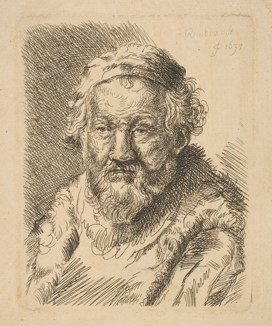 Büste eines alten Mannes in einem Mantel mit Pelzkragen von Workshop of Rembrandt