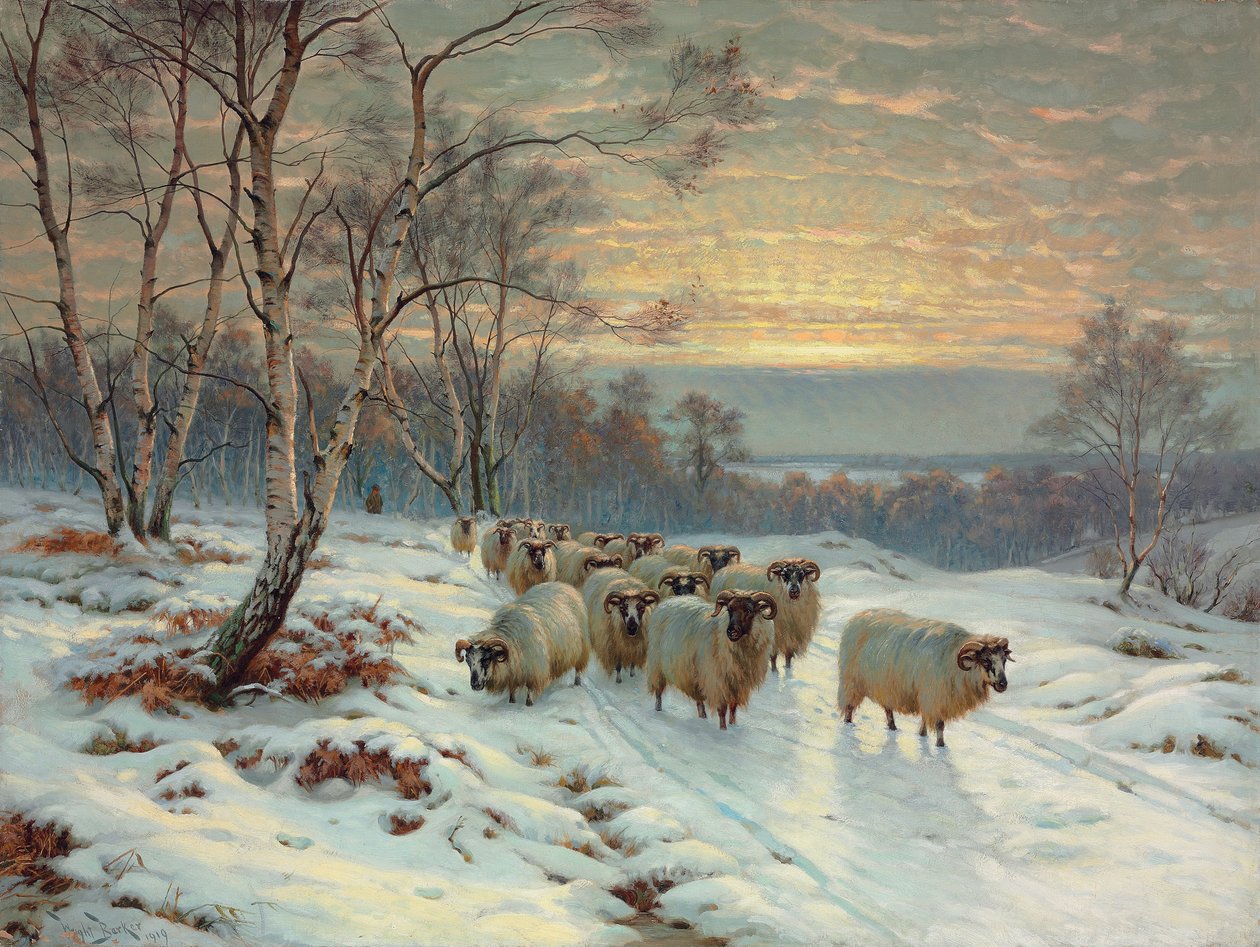 Ein Hirte mit seiner Herde in einer Winterlandschaft von Wright Baker