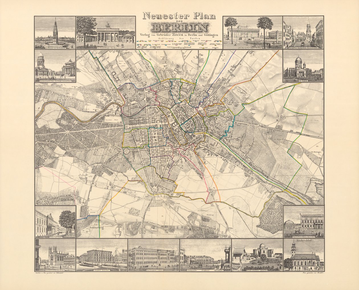 Historische Karte von Berlin, veröffentlicht von Verlag von Gebrueder Rocca, Berlin 1838 von W.v. Moellendorf