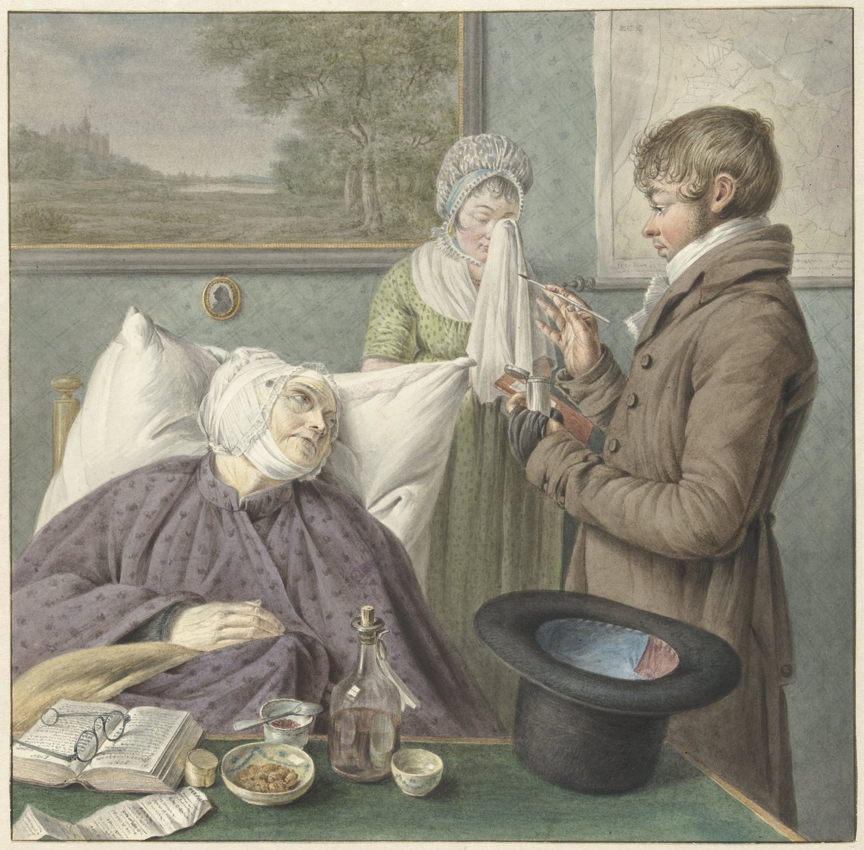 Arzt besucht eine kranke alte Frau im Bett von Wybrand Hendriks (attributed to)
