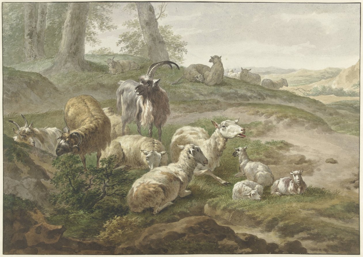 Ziegen und Schafe in einer hügeligen Landschaft von Wybrand Hendriks